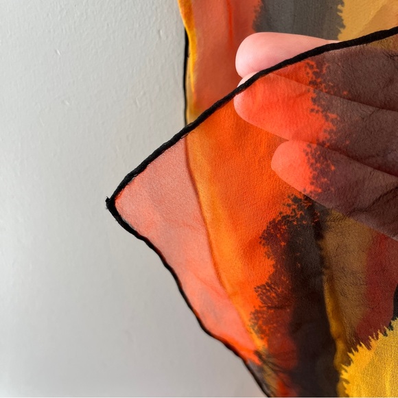 Vintage Nasharr Frieres Rectangle Scarf Sheer Black Orange Yellow Silk Vinyl - Picture 4 of 6